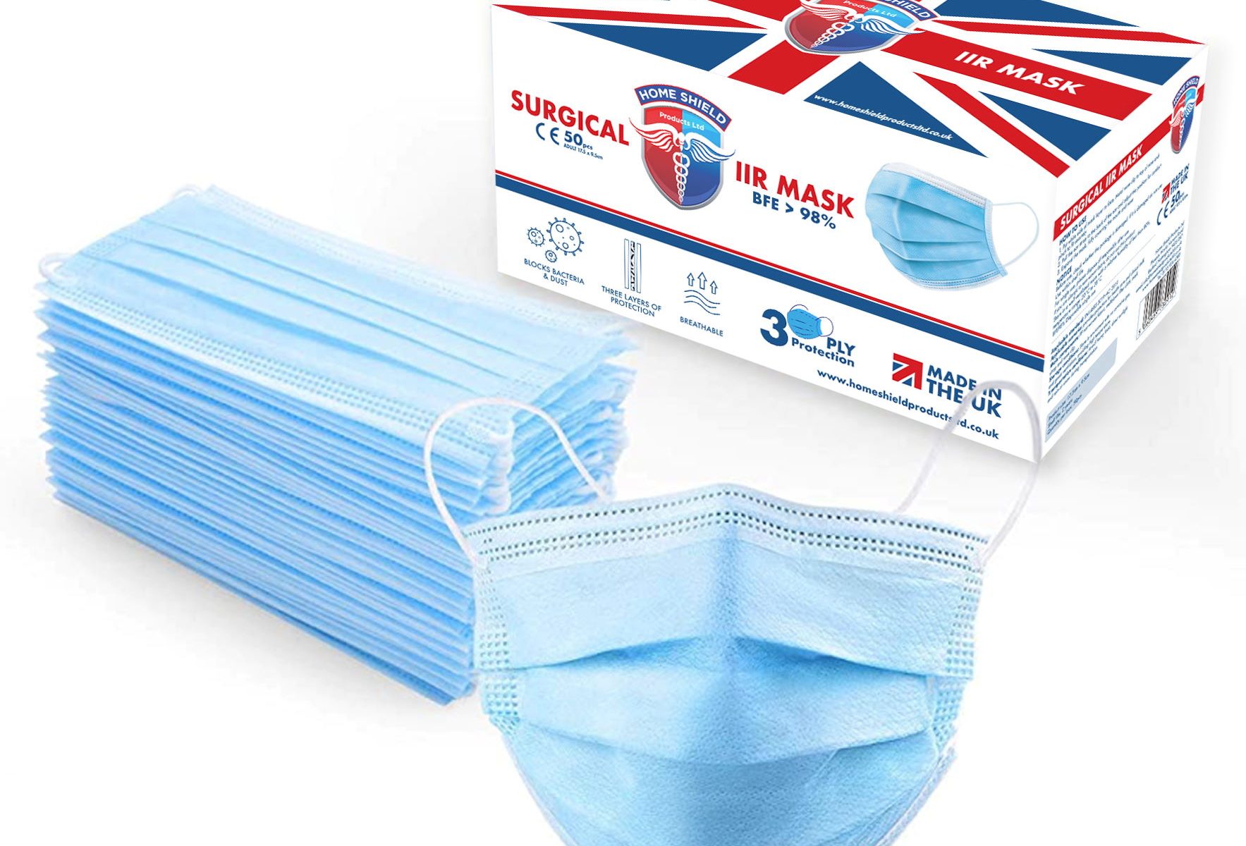 Shows The Type IIR Face Masks Made In The UK By Home Shield Products Ltd