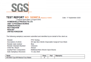 Face masks Type IIR tested to EN 14683:2019 by SGS